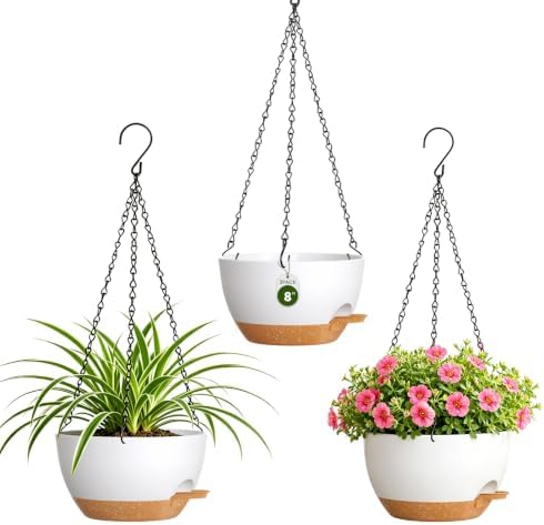 8 Inch Self Watering Hanging Planters Set of 3 with Saucers