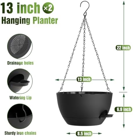 13 Inch Large Self Watering Hanging Planters 2 Pack with Saucers