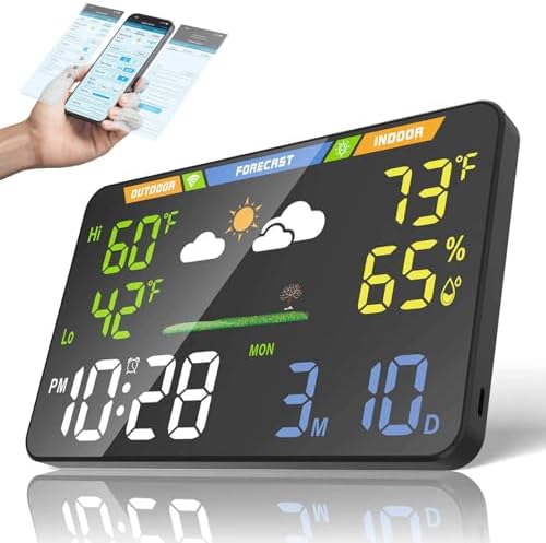 WiFi Weather Station, 8.5 Inch LED Display Indoor Outdoor Wireless Smart Weather Station with Atomic Clock, Temperature Humidity Monitor, No App Required, Browser-Based, Dual Power for Home/Office