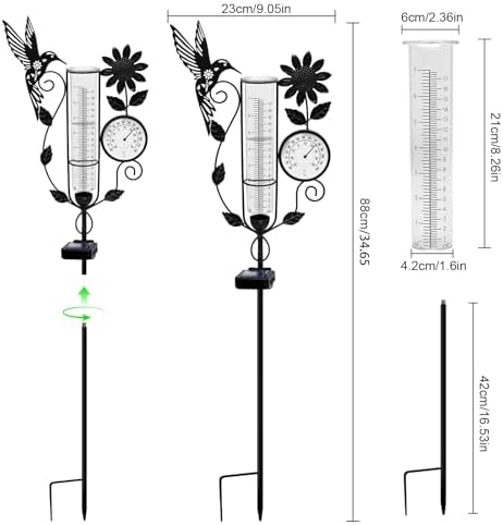 Metal Hummingbird Solar Rain Gauge Outdoor with LED Light and Thermometer