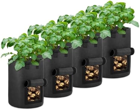 4-Pack 10 Gallon Potato Grow Bags with Flap Window, Heavy Duty Aeration Fabric Pots with Handles for Garden and Planting(Black)