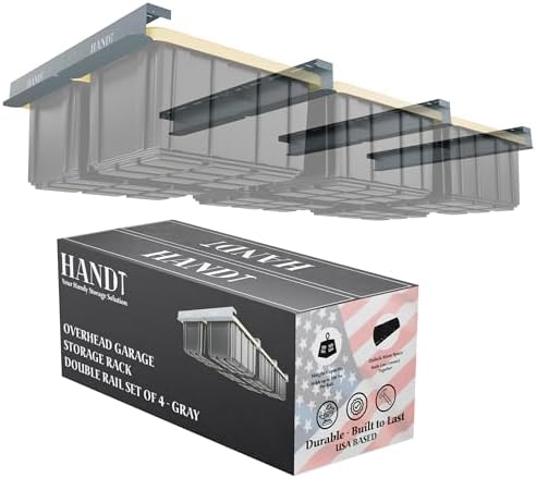 USA Based Overhead Garage Storage Rack, Connectable Heavy Duty Metal Ceiling Rails Garage Storage Organization Shelving System, Hanging Racks Tote Containers, Supports Up To 6 Bins, 4 Sets Gray
