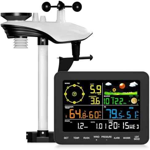 Weather Stations Wireless Indoor Outdoor, Home Weather Station with Rain Gauge, Anemometer, Barometer, Temperature & Humidity Monitor, Moon Phase, Alarm Clock for Garden, Farm（ No WiFi ）