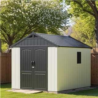 Patiowell 8 x 10 FT Resin Outdoor Storage Shed with Floor and Light, Large Plastic Barn with Lockable Door for Garden Tools, Backyard, Bike Storage, Easy Installation in Beige (Kick-it Shed)