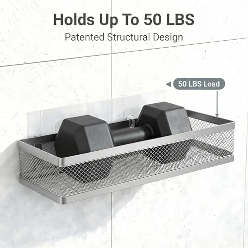 PUSDON 5-in-1 16.5" Extra Long Slim Wall Mount Wrapped Mesh Kitchen Organizer & Shower Caddy Kit, with Paper Towel Holder, Utensil Holder, Soap Dish, Holds 50LBS - Silver Gray, Netting
