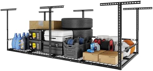 FLEXIMOUNTS 4x8 Overhead Garage Storage Rack with Safety Rails, Hammertone