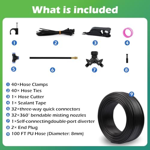 Drip Irrigation System Kit 100 FT with 32 Nozzles, 360° Adjustable Bendable Garden Watering Misting System for Greenhouse, Yard, Lawn, Plant, Garden, 5/16 inch Hose (OD: 8mm)