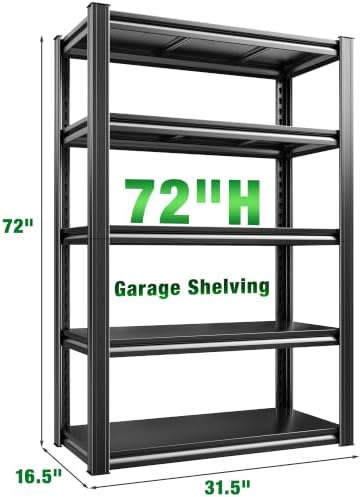Raybee Storage Shelves Garage Shelving Heavy Duty,5-Tier Adjustable Garage Shelves,Metal Shelving for Garage,Basement, Warehouse,Pantry, 72" H x 31.5" W x 16.5" D，Black