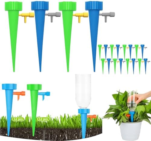 24 Pack Self Watering Spikes for Indoor/Outdoor Plants,Self Watering Planter Insert with Adjustable Drip Valve,Auto Vacation Plant Watering Devices,Plants Water System,Self-Watering Stakes