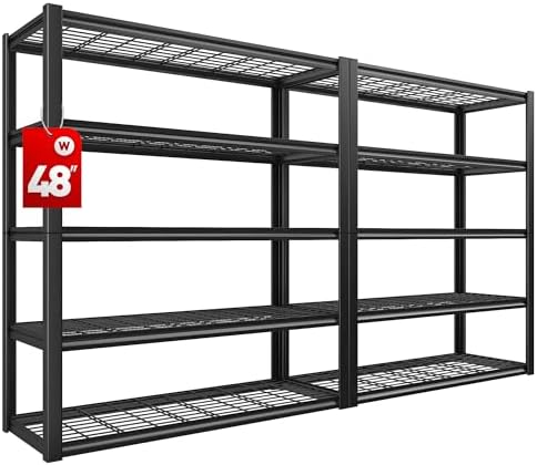 REIBII 48" W Garage Shelving Heavy Duty Load 2500LBS, 5 Tier Storage Shelves, Adjustable Metal Shelves for Warehouse, Pantry, Basement, 48" W X 72" H X18 D, 2PC
