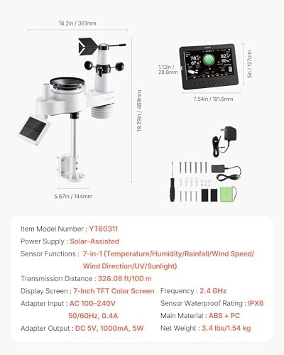 VEVOR 7-in-1 Wi-Fi Weather Station, 7-Inch TFT Display, Wireless Solar Powered Outdoor Sensor, Rain Gauge, Indoor Outdoor for Weather Forecast, Wind Speed Direction, Temperature, Humidity, Rainfall