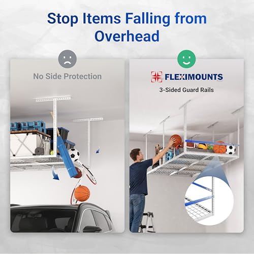 FLEXIMOUNTS 4x8ft Overhead Garage Storage Rack with Safety Rails, White