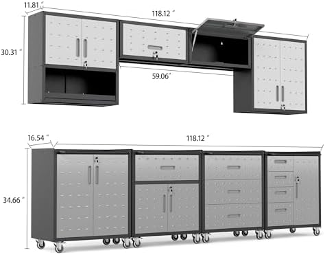 8-Piece Heavy Duty Steel Garage Cabinet System | All-in-One Modular Garage Cabinet Set for Ultimate Workshop Organization | Easy Assembly Garage Storage Cabinets & Tool Bench (Black)