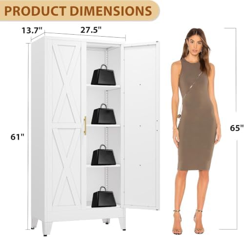 61" Metal Kitchen Pantry Storage Cabinet with 2 Doors and 3 Adjustable Shelves,White Farmhouse Pantry Cabinet,Steel Garage Tool Cabinet Freestanding Cupboard for Kitchen,Dinning Living Room