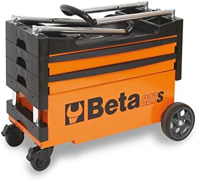 Beta C27S Collapsible Rolling Tool Cart | Heavy-Duty Mobile Metal Tool Trolley with Locking Drawers, 4” Steering Wheels, Brake System | Thermoplastic Worktop | Orange
