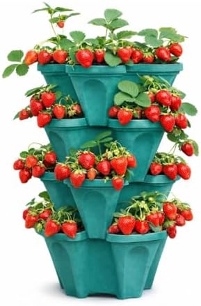 Large Vertical Planter Tower, 4 Tier Stackable Garden Planter, 16 Plant Sites, Heavy Duty Strawberry Planter, Vertical Growing System with Center Hole, Made in USA (Mineral Teal, Large)