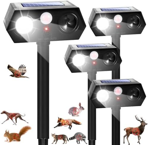 2026 Sonic Fortress Pro Deer Repellent Devices Solar Ultrasonic Animal Repellent Outdoor with Motion Sensor & Flashing Light Cat Squirrel Deterrent to Keep Racoon Rabbit Out of Yard & Garden 4 Pack
