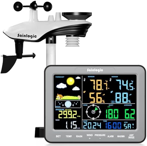 Sainlogic SA68 Weather Station 12-in-1 Weather Station Wireless Indoor Outdoor and Rain Gauge for Temperature, Humidity, Gray (No WiFi)