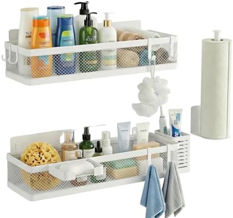 PUSDON 5-in-1 16.5" Extra Long Slim Wall Mount Wrapped Mesh Kitchen Organizer & Shower Caddy Kit, with Paper Towel Holder, Utensil Holder, Soap Dish, Holds 50LBS - White, Netting