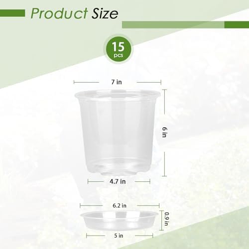 FUIJOL 7 Inch Clear Nursery Pots for Plants with Sacuers 15 Pack, Plastic Flower Pots with Drainage Holes, Variety Pack Seedlings Garden Pot for Indoor Outdoor (7 inch)