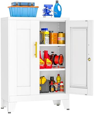 Small Metal Storage Cabinet, Lockable Tool Cabinet with Doors and 2 Shelves