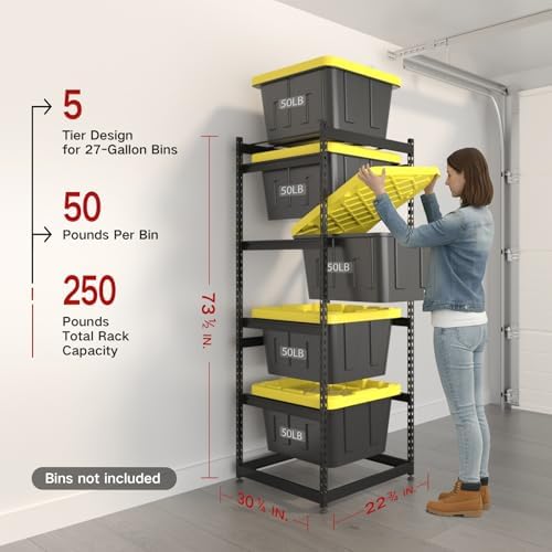 FERO 27 Gallon Tote Storage Rack, Heavy-Duty Storage Bin Rack Organizer, 5-Tier Standing Storage Bin Shelves, 250 lb Capacity, Maximize Space for Garage, Warehouse, Utility