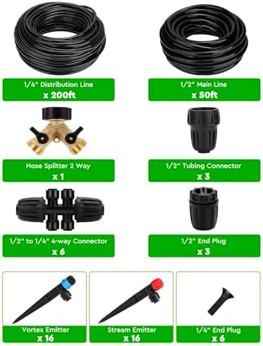 250FT Drip Irrigation System for Garden - 50FT 1/2" Main Tube & 200FT 1/4" Branch Tubing, Brass Splitter, Quick Connect Design, Perfect for Outdoor Plants, Raised Beds, Greenhouses