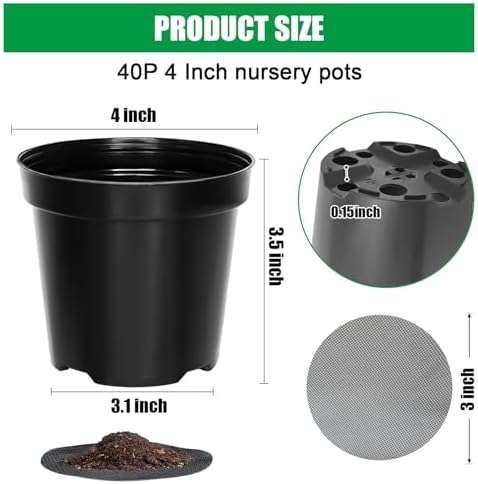 RooTrimmer 40 Pack 4 Inch Plant Nursery Pots with Mesh Pad, Sturdy Plastic Flower Planter Pots with Drainage Holes, Seed Starter Pots for Planting Seedings Cuttings Succulents Indoor Ourdoor, Black