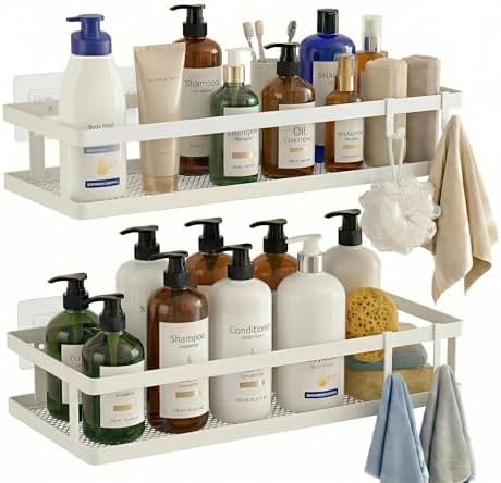 PUSDON 2-Pack Minimalist Shower Caddy Wall Mount, Open Frame Bathroom Shelf Organizer with Mesh Base, Rustproof Floating Spice Rack for Kitchen, Holds 50 LBS, 4 Hooks - White, Guardrail
