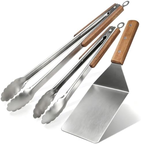 Tongs and Spatula Set of 3, Heavy Duty Stainless Steel, Wood Handle