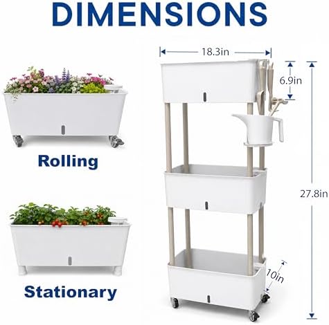 3-Tier 46.7"H Rolling Raised Garden Bed with Wheels, Self Watering Planter Box with Visible Water Level, Gray Rustproof Plastic Herb & Strawberry Planter for Indoor Outdoor Vegetables Flowers, DIY Kit