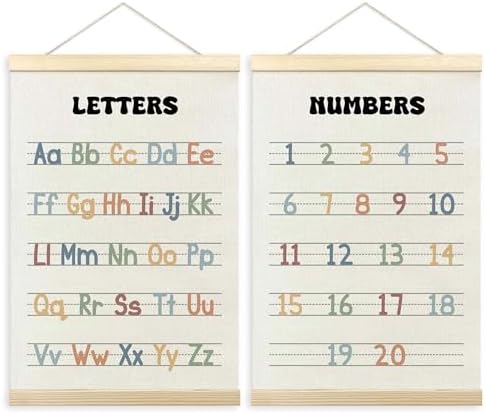 TLESKE Alphabet ABC Numbers Chart Poster Hanger Frame for Toddler Kid Classroom Set of 2, Homeschool Hanging Wall Art Decor for Nursery Playroom, Preschool Prek Learning Educational Poster, 16x24
