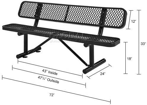 Global Industrial 6'L Heavy Duty Expanded Metal Mesh Bench with Backrest with Steel Frame, Portable Outdoor Bench, 1000 lbs Capacity, Black, 72" L x 24" W x 33" H