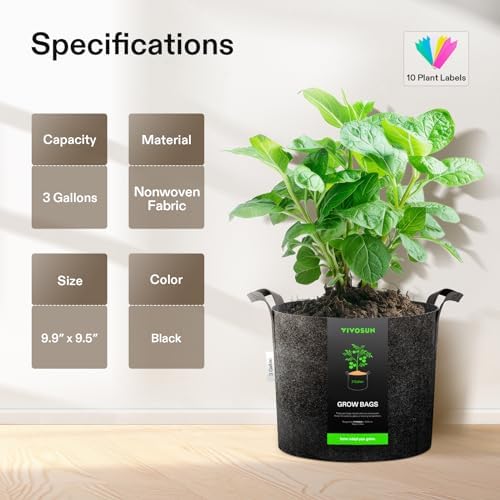 VIVOSUN 10-Pack 3 Gallon Plant Grow Bags Heavy Duty Thickened Nonwoven Fabric Pots with Handles