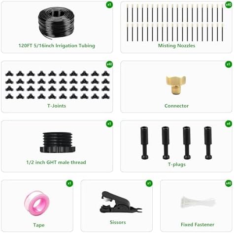120FT Drip Irrigation System for Garden – Automatic Watering Kit with Solid Brass Metal Connectors, 360° Bendable Tubing &40 Adjustable Nozzles for Greenhouse, Lawn, Yard & Plants
