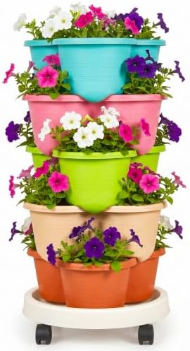 VECELO 5 Tier Vertical Garden Planter, Self Watering Stackable Planters with Wheels for Strawberries, Herbs, Flowers, Vegetables, Multicolor