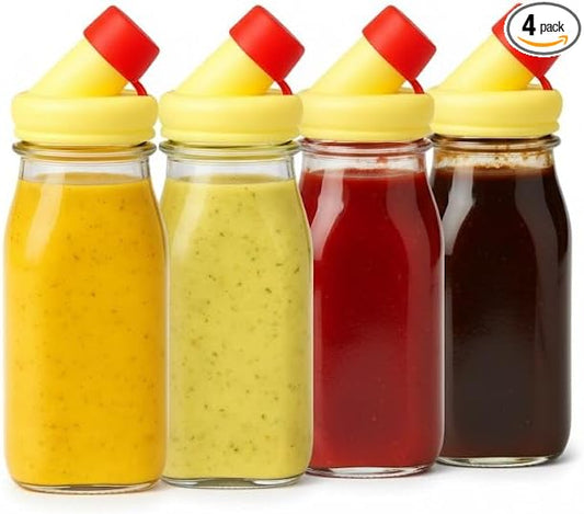 kitchentoolz Salad Dressing Shaker Bottle – 12oz Glass Bottle with Silicone Pour Spout and Tamper-Proof Lid for Sauces and Marinades - Pack of 4