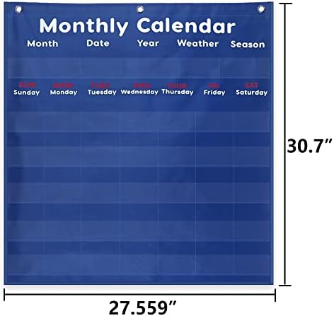 Daily Morning Board Monthly Calendar Pocket Chart Classroom,Monthly & Weather Pocket Chart,Monthly Calendar Pocket Chart with Cards for Classroom Supplies (Blue)