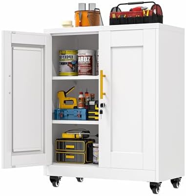 GAIOUS 35'' Tall Metal Storage Cabinet with Lock and Wheels, Steel Office Cabinet with 2 Door and 2 Adjustable Shelves, Lockable File Cabinet, Garage Cabinet, Rolling Cabinet for Home Office - White
