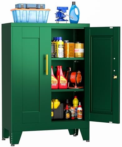 Small Metal Storage Cabinet, Lockable Tool Cabinet with Doors and 2 Shelves