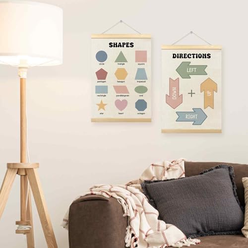TLESKE Shapes Directions Chart Poster Hanger Frame for Toddler Kid Classroom Set of 2, Homeschool Hanging Wall Art Decor for Nursery Playroom, Preschool Prek Learning Educational Poster, 12x16