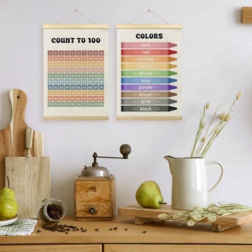 TLESKE 1-100 Numbers Hundreds Colors Chart Poster Hanger Frame for Toddler Kid Classroom Set of 2, Homeschool Hanging Wall Art Decor for Nursery Playroom, Preschool Learning Educational Poster, 12x16