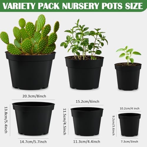 RooTrimmer 4/6/8 Inch Black Plant Nursery Pots, 15 Pack, Thickened Plastic with Drainage Holes, Indoor/Outdoor