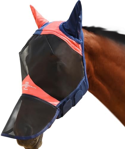 Harrison Howard Pro Luminous Horse Fly Mask Large Eye Space Full Face UV Protection for Horse Coral Orange/Navy M