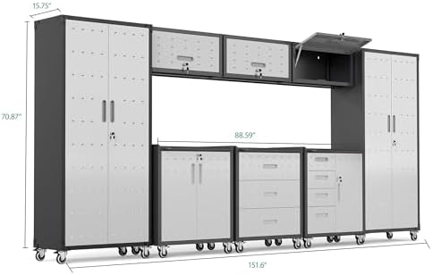 Garage Cabinet System | Heavy Duty Steel All-in-One Modular Garage Cabinet Set for Ultimate Workshop Organization | Easy Assembly Garage Storage Cabinets & Tool Bench