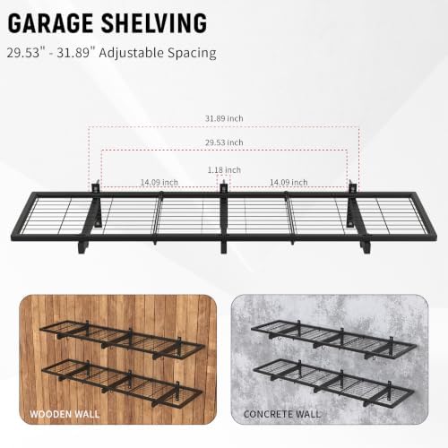 Garage Wall Shelves, 46"X12.5" Garage Shelving Wall Mounted, Heavy Duty Shelf Storage Rack with 4 Hooks, Black Organizer Floating Metal Shelf 160 LBS Capacity for Office, Basement, Laundry Room