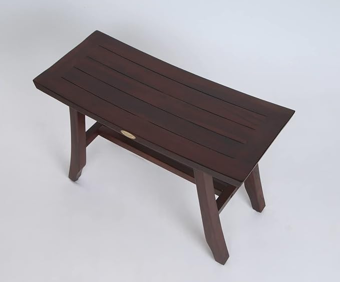 DecoTeak Teak Shower Bench – 28 Inch Waterproof Wooden Seat for Inside Shower Spa-Quality Shower Chair | Curved Seat for Adults | Non-Slip Feet | Large Storage Shelf