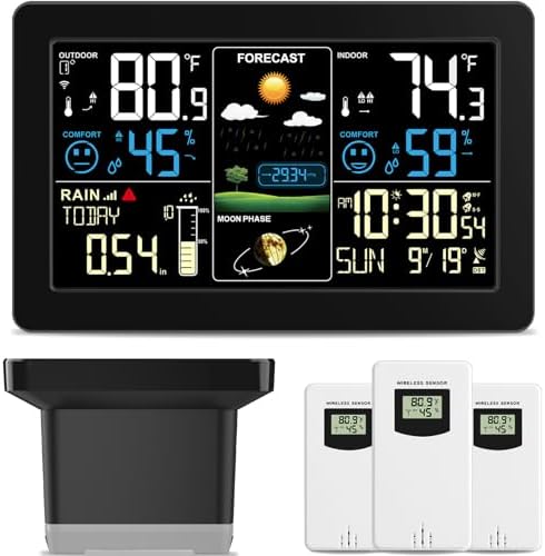 Weather Station with Rain Gauge Outdoor, Home Weather Stations Wireless Indoor Outdoor with Digital Rain Gauges, Thermometer, Barometer, Hygrometer, Atomic Clock, Weather Forecast, with 3 Sensor