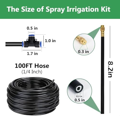100FT Drip Irrigation System, 1/4 Inch Hose with 360° Adjustable Copper Nozzles – Garden Watering Kit for Lawn, Raised Beds, Greenhouse & Yard
