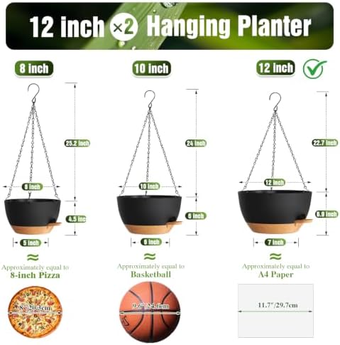 12 Inch Large Self Watering Hanging Planters 2 Pack with Saucers